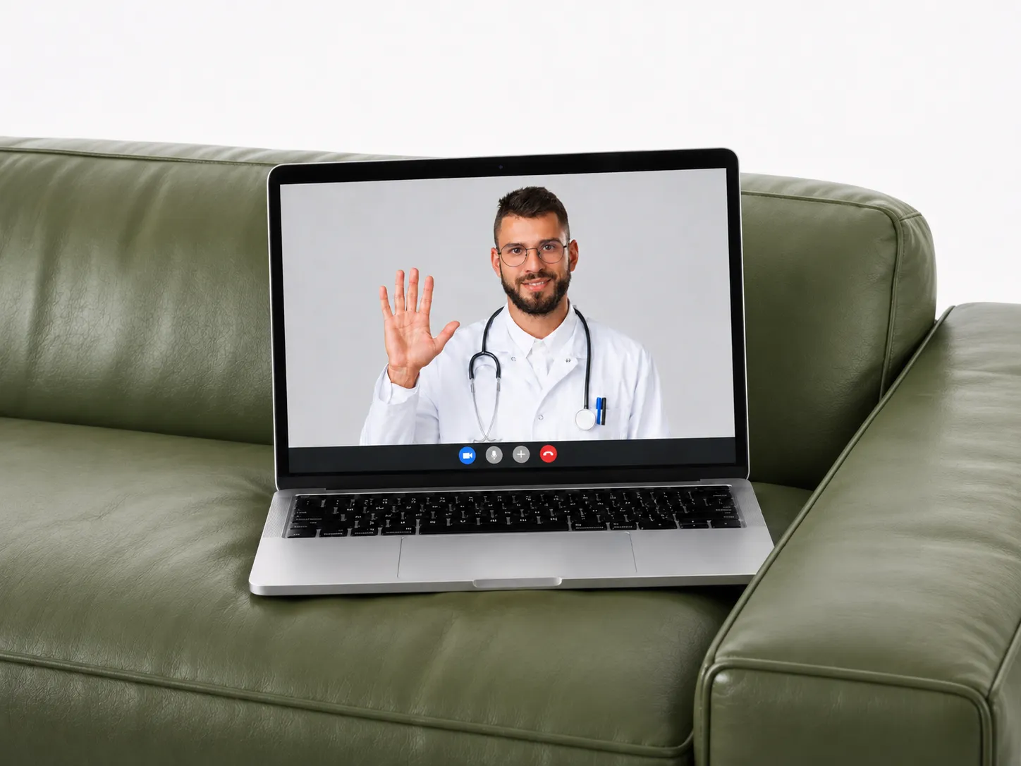 Laptop on a green couch displaying a physician on a telehealth video call