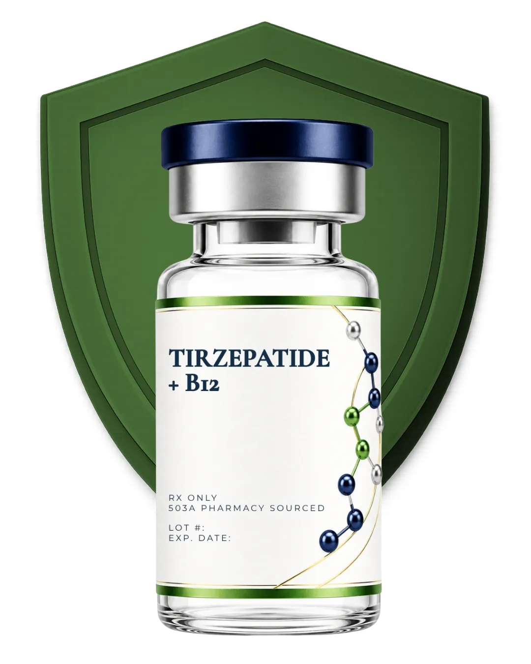 Glass vial labeled Tirzepatide plus B12 with a shield graphic