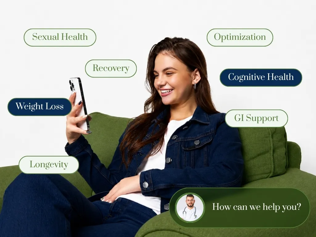 Woman relaxing on a couch checking her phone, surrounded by icons for sexual health, optimization, recovery, cognitive health, weight loss, GI support, and longevity