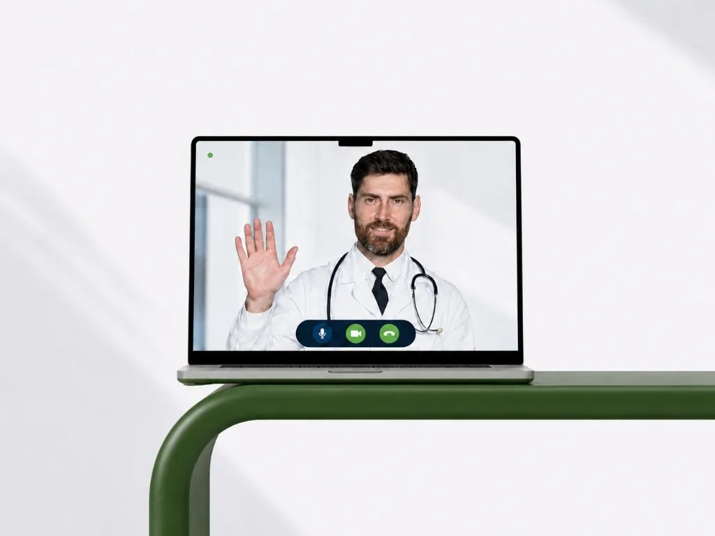 Man on a video call with a physician shown waving on a laptop screen