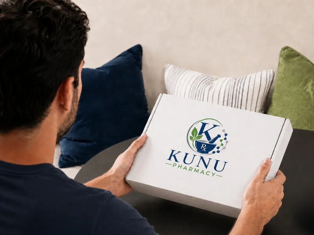Man opening a KuNu Pharmacy branded box while sitting on a couch