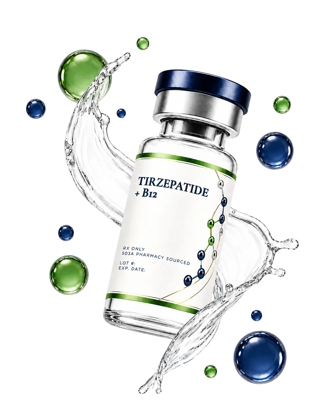Glass vial labeled Tirzepatide plus B12 surrounded by blue and green water droplets